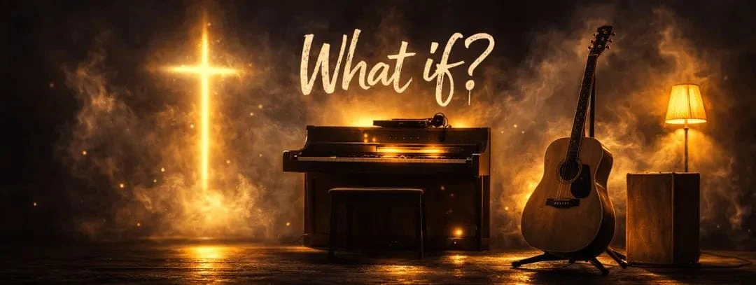 Uma cruz dourada ao lado de um piano e um violão